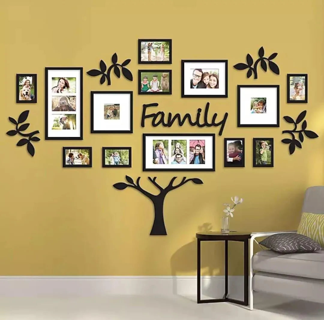 Wall decor with family photo frames and 'Family' text on a yellow wall.